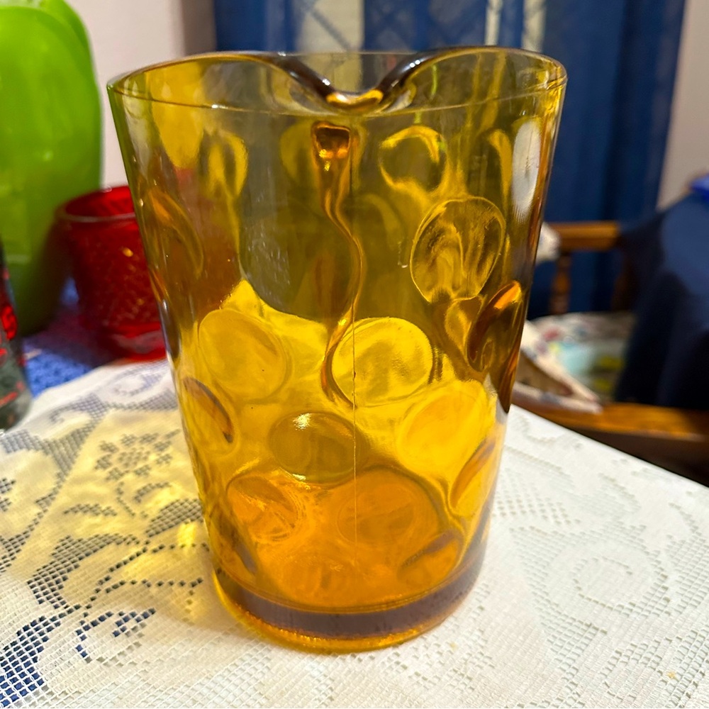 Hazel Atlas Amber Glass Pitcher Thumbprint Round Circle Coin Pattern Vintage